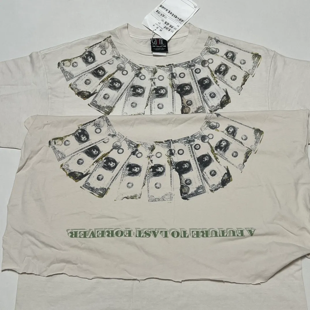 Proofing VS ZP SAINT Mxxxxxx MONEY TEE/WHT US Dollar Necklace Retro Short Sleeves Off-White S-XL Ready-made Garments Washed and Distressed Authentic Grade Printing Level Correct Accessories/With Little Angel Label
